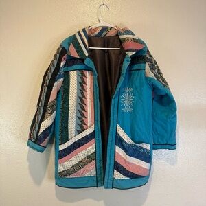 VTG Handcrafted Teal Patchwork Quilted Jacket with Multicolor Geo Panels